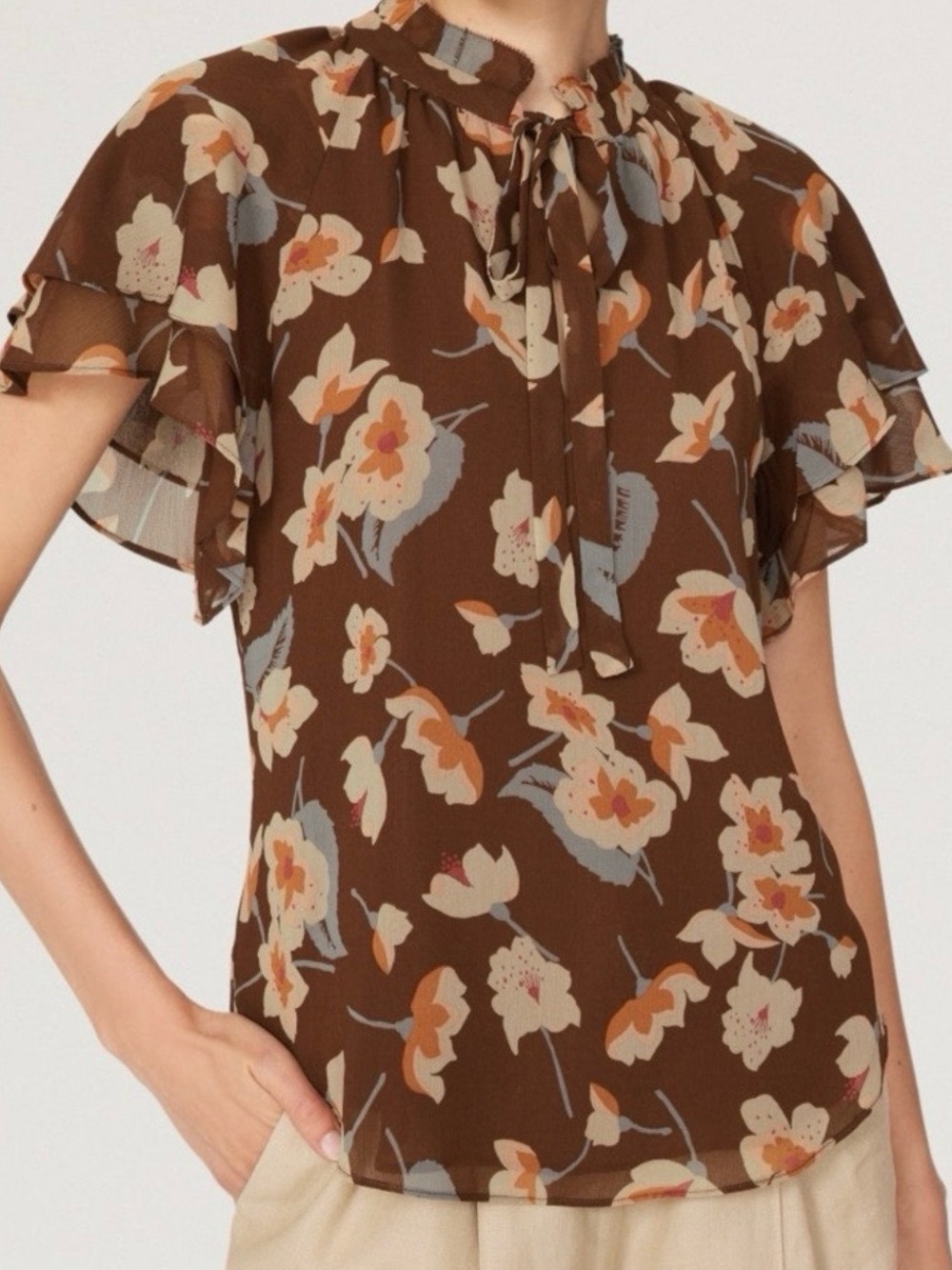 Lauren Ralph Lauren Brown Floral Tie-Neck Flutter Sleeve Top